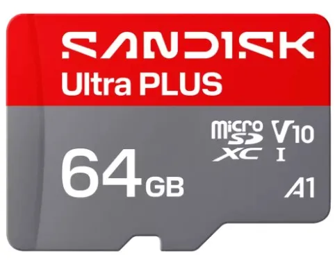 SanDisk 64GB MicroSDXC UHS-I Class 10 U1 V10 A1 card with adapter, Grey, Red