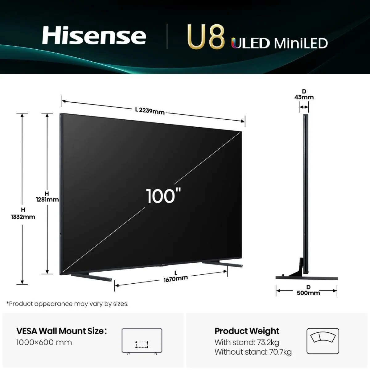 Hisense 100U8Q 100" 4K ULED Mini LED Google TV, 165Hz, HDR10+, Dolby Vision