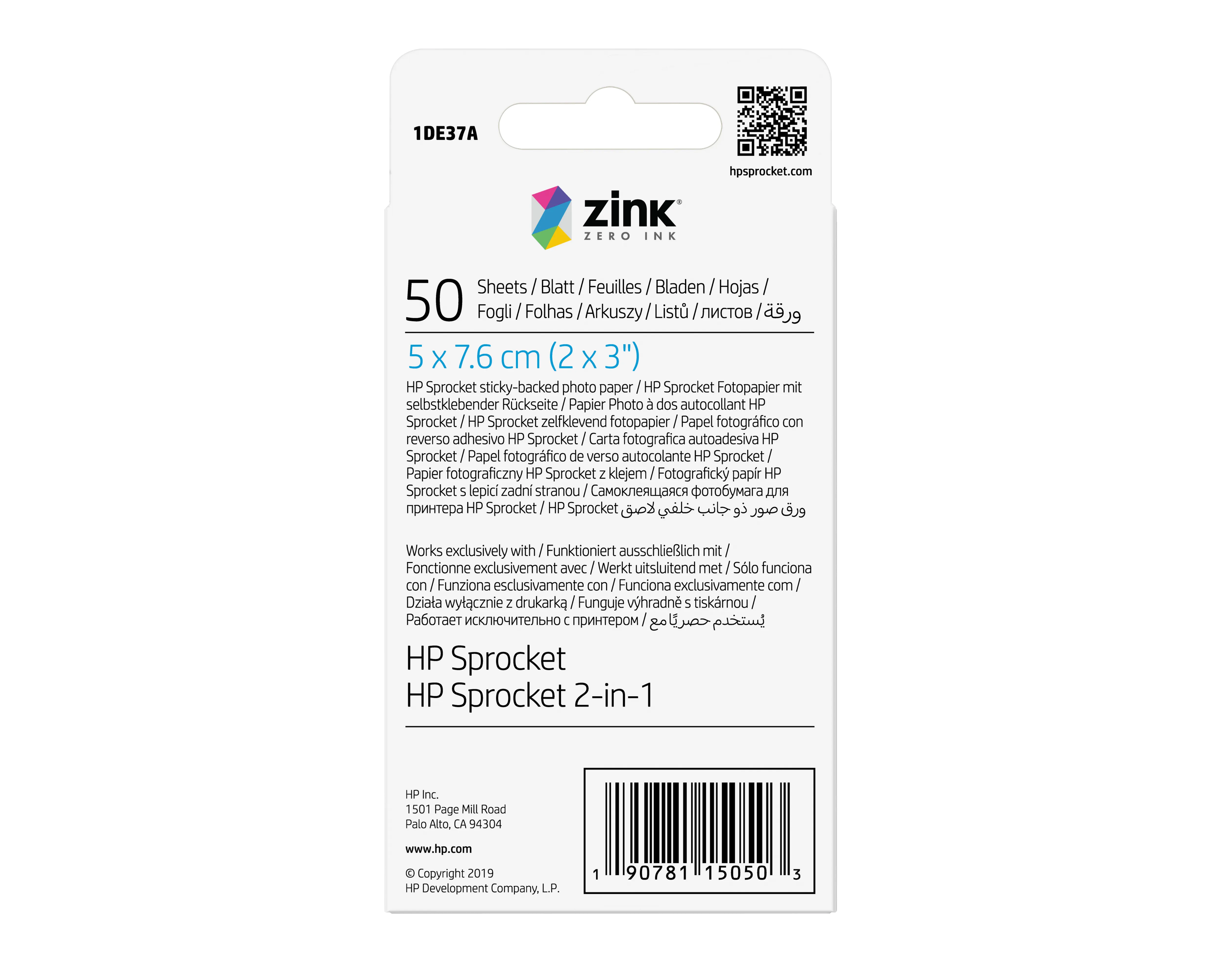 HP ZINK Sticky-Backed Photo Paper - Self-adhesive - kiilt&auml;v&auml; viimeistely - 50 x 76 mm - 290 g/m&sup2; - 50 arkki (arkit) valokuvapaperi malleihin Sprocket Photo