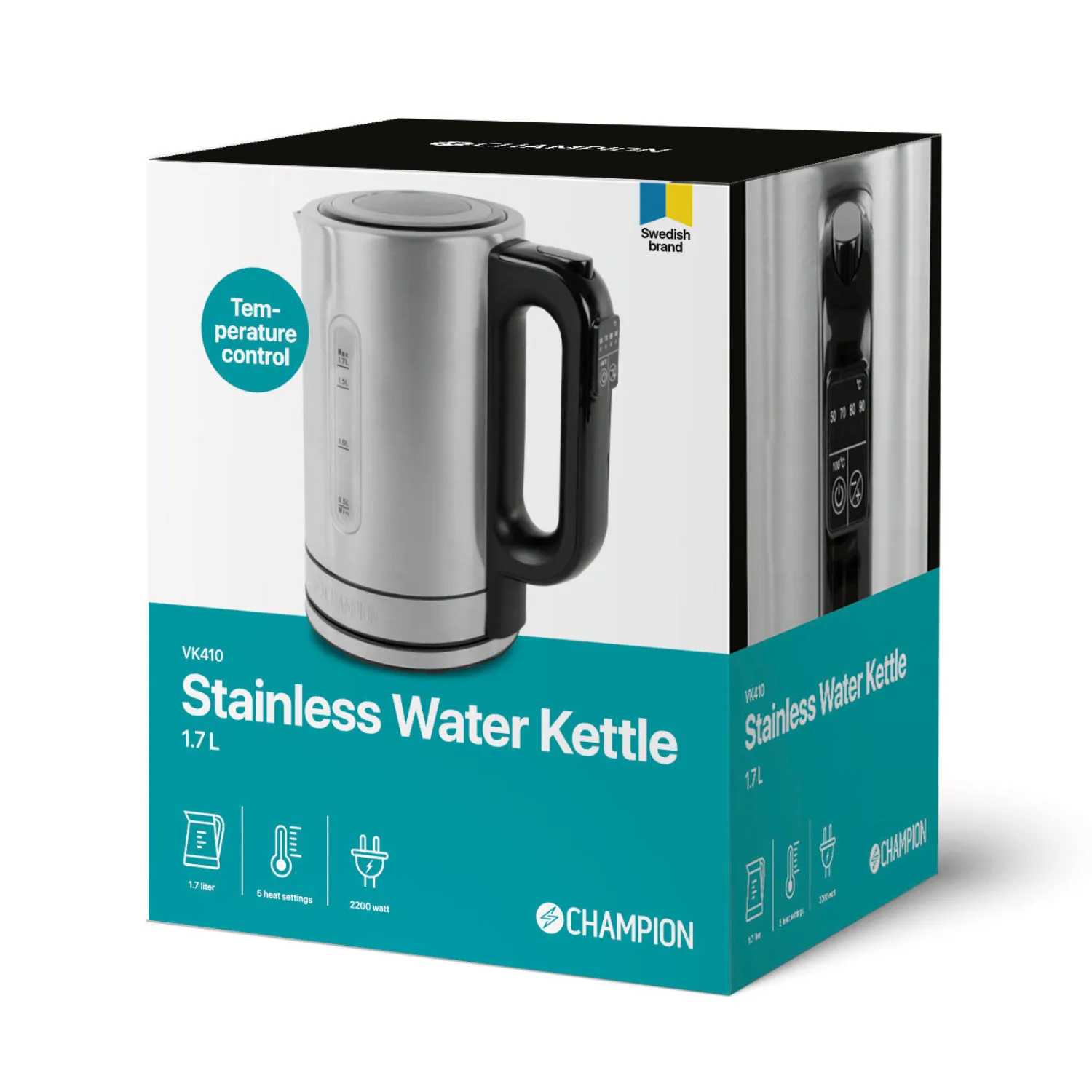 Champion Temp -electric kettle, stainless steel, 1.7L