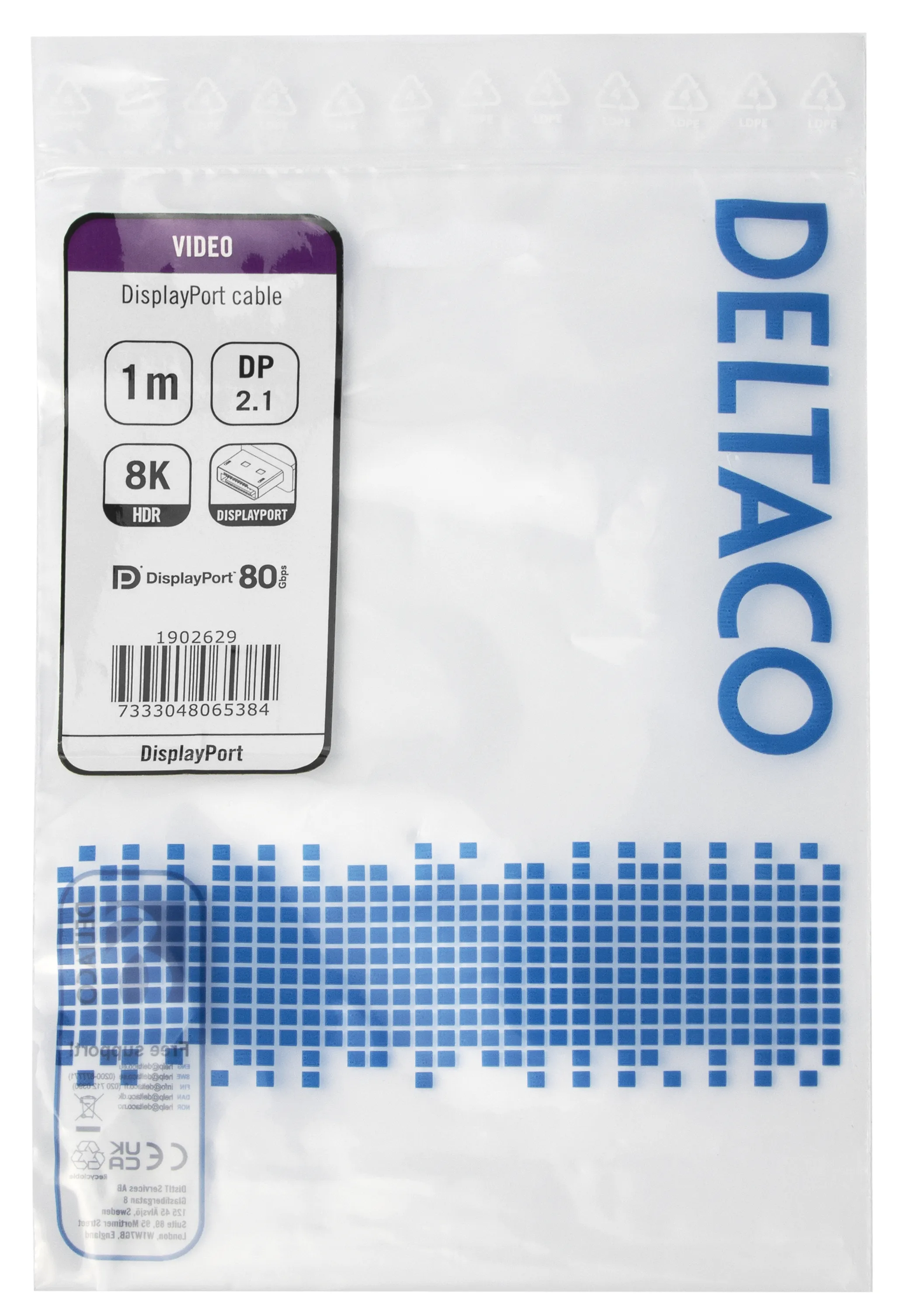 Deltaco  DisplayPort &ndash; DisplayPort 2,1 -kaapeli, 1 m, Musta