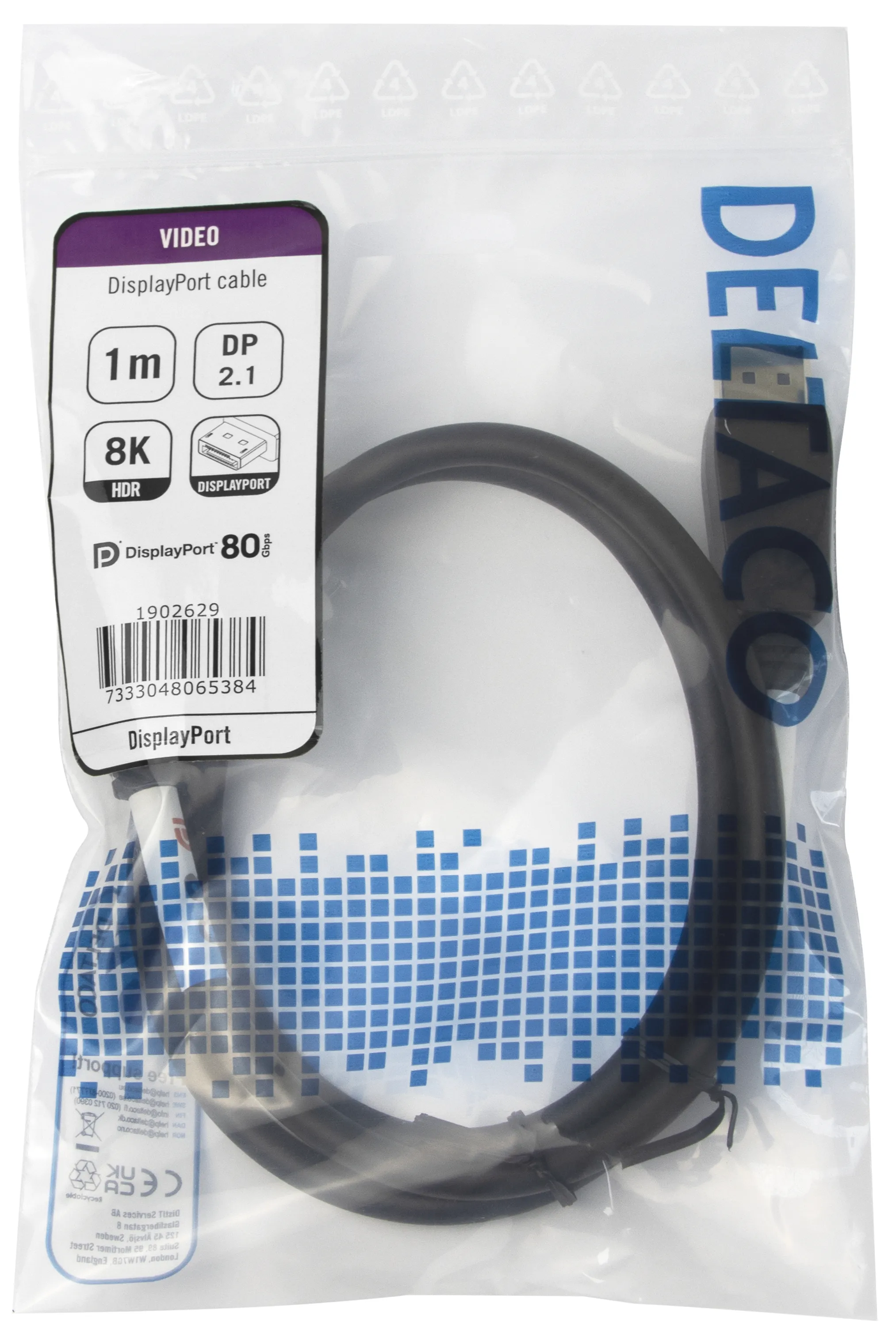 Deltaco  DisplayPort &ndash; DisplayPort 2,1 -kaapeli, 1 m, Musta