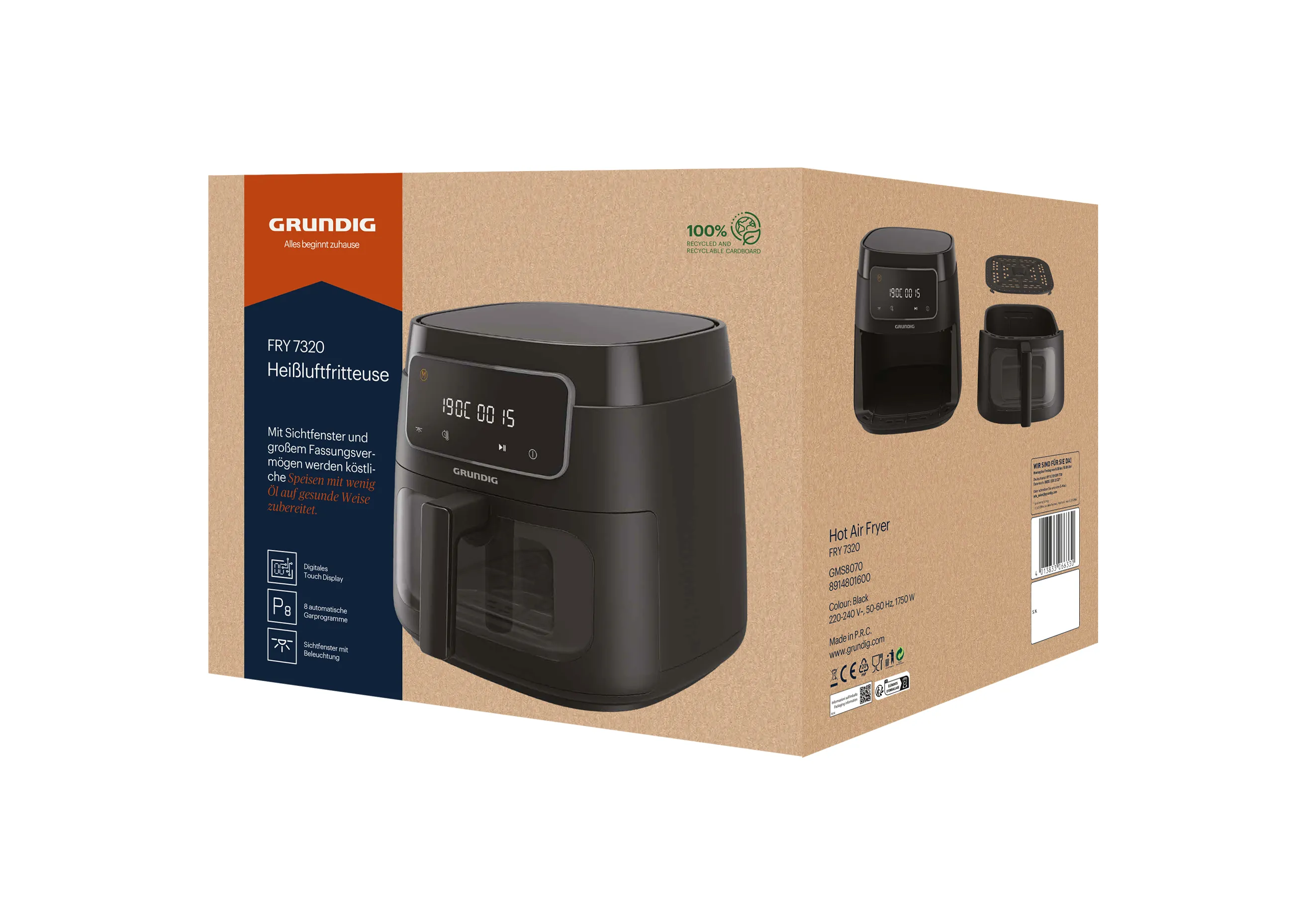 Grundig FRY 7320 GMS8070, 7.6L, 1750W, air fryer, Black