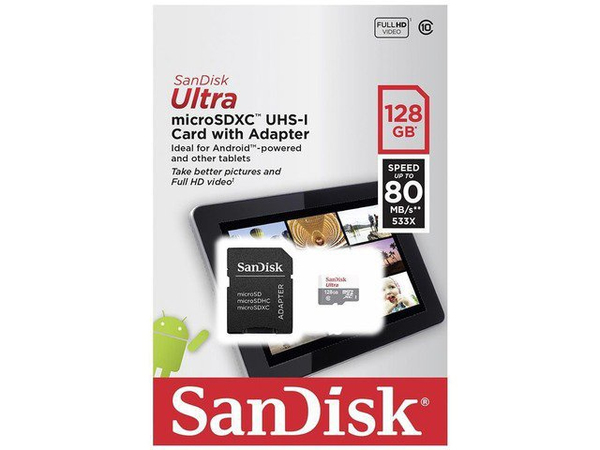 SanDisk 128 Gt Ultra Android, UHS-I Class 10 MicroSDXC -muistikortti + SD-adapteri