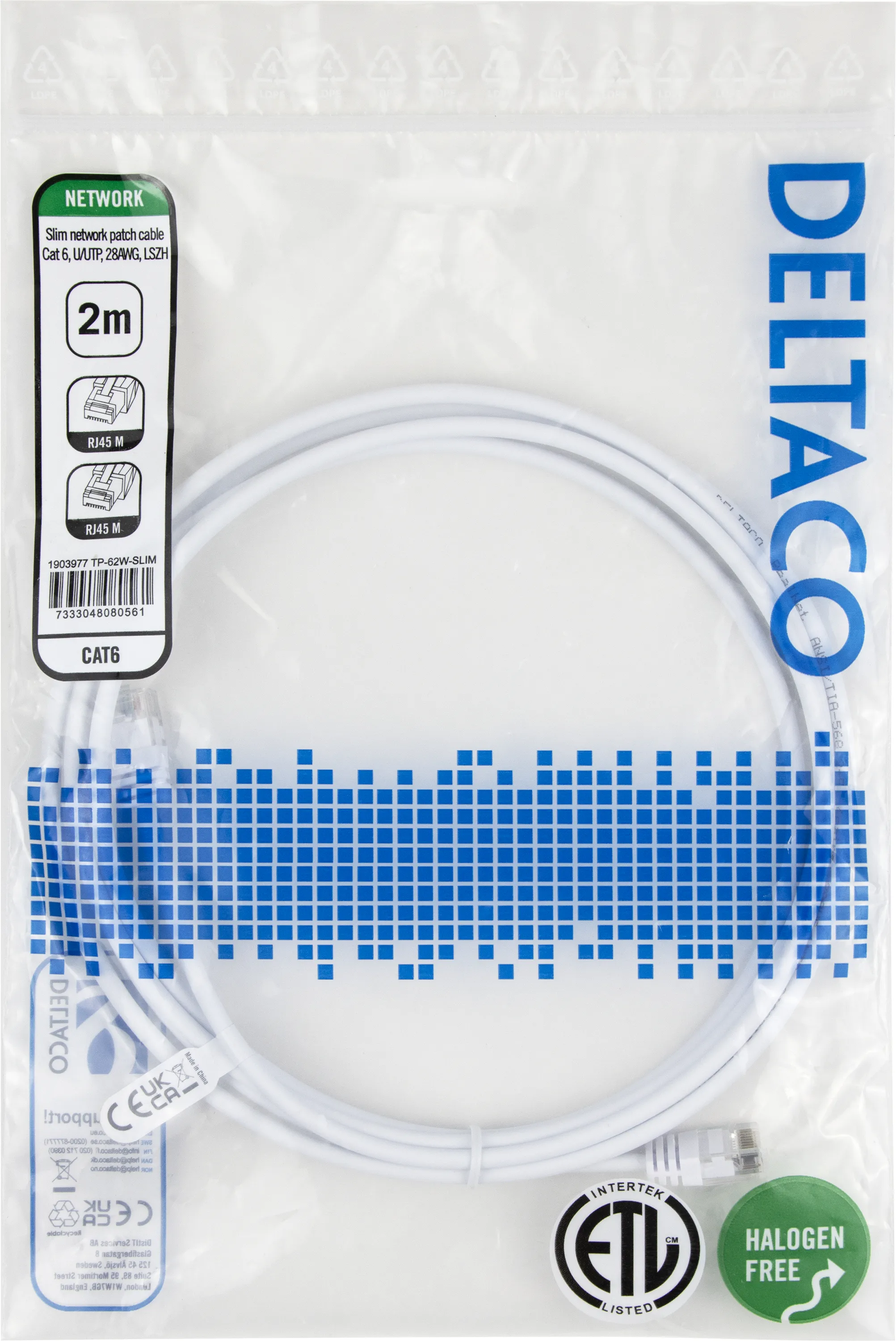 Deltaco Cat6 UTP RJ45 2m Network Cable, White