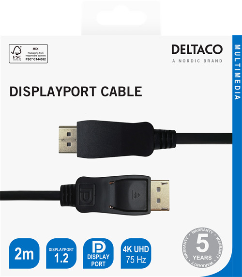 DELTACO DisplayPort cable, DP 1.2, 2m, musta