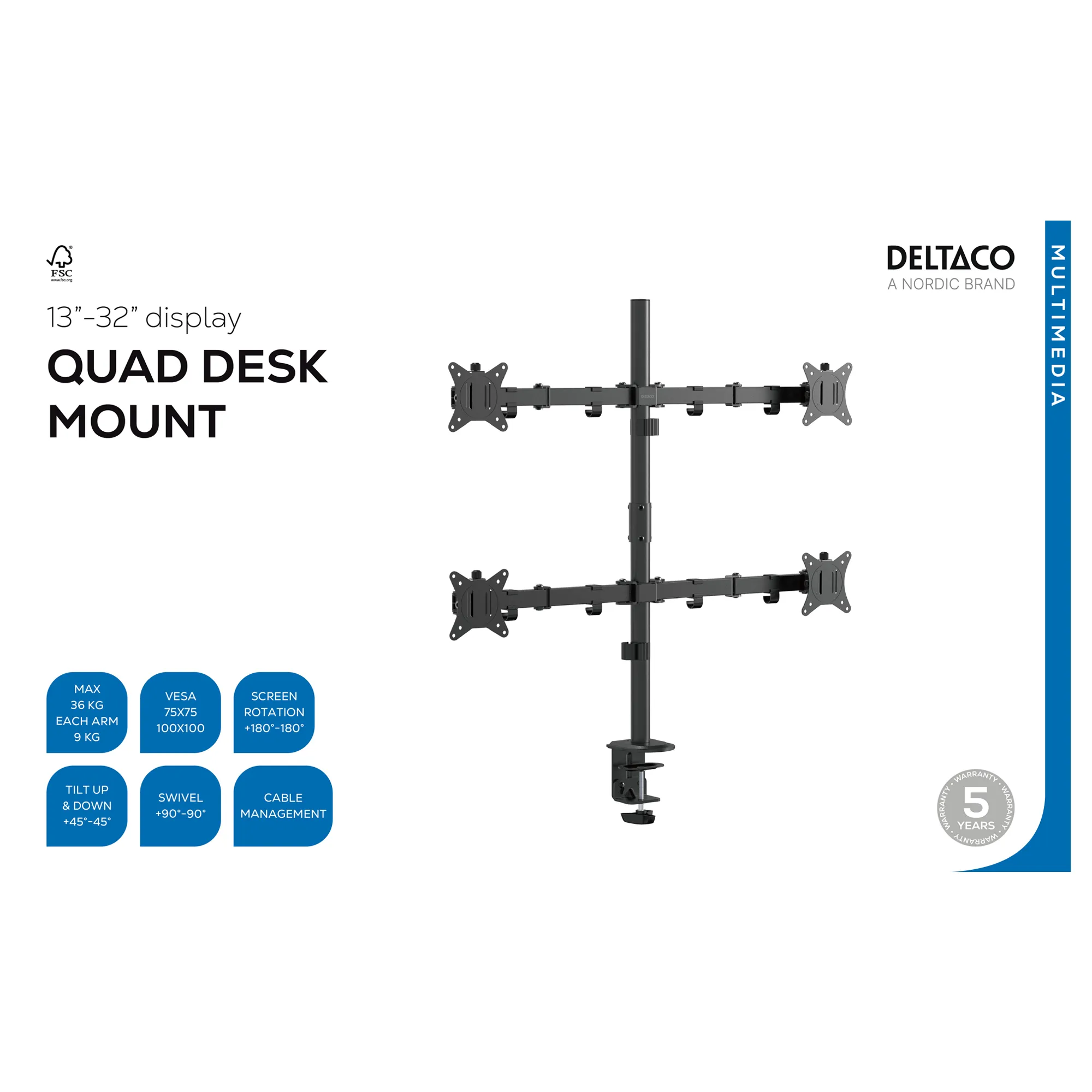 Deltaco Quad Desk -näyttövarsi, Musta, 13-32", 4x9kg