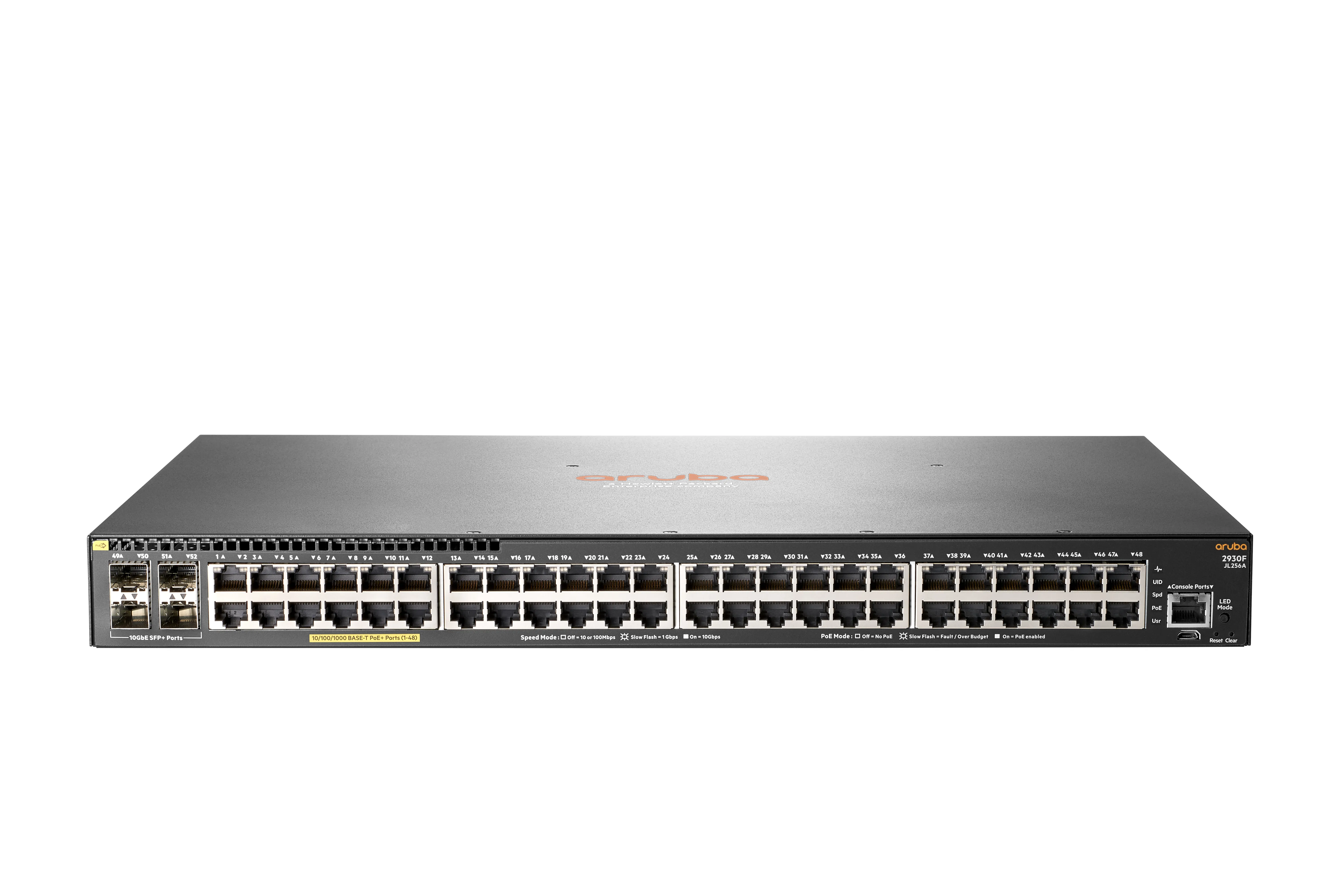HPE Aruba 2930F 48G PoE+ 4SFP+ Basic Layer3 Switch (JL256A) with 48x 10/100/1000T PoE+ (Max 370 W)+ 4x SFP+ 1/10GbE ports.Switching capacity 176 Gbps, Throughpu