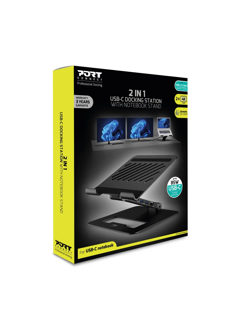 Port Designs 2-in-1 USB-C Docking Station with Notebook Stand 2x4K, 85W PD