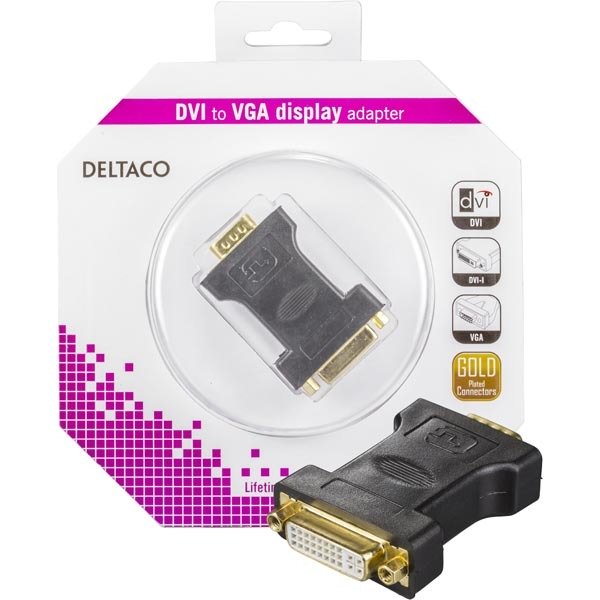 DELTACO DVI-adapter, analog DVI - analog VGA, ho - ha, guldpl&auml;terad