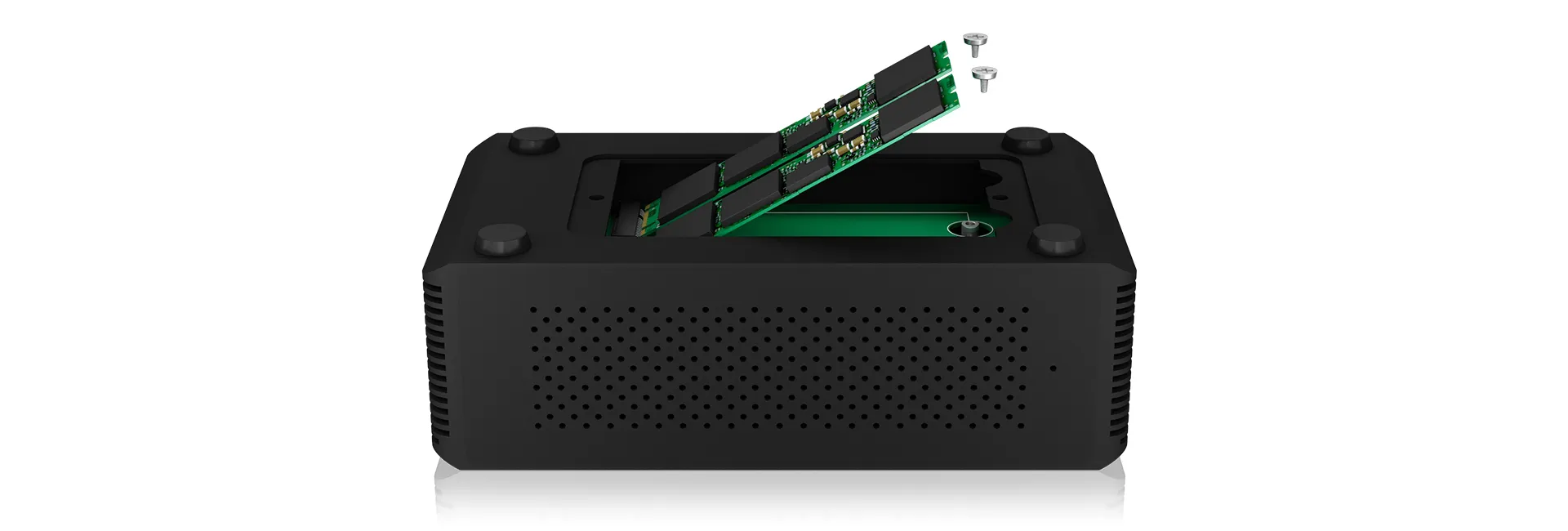 External Thunderbolt 3 enclosure for 2x M.2 NVMe SSD, passive cooling