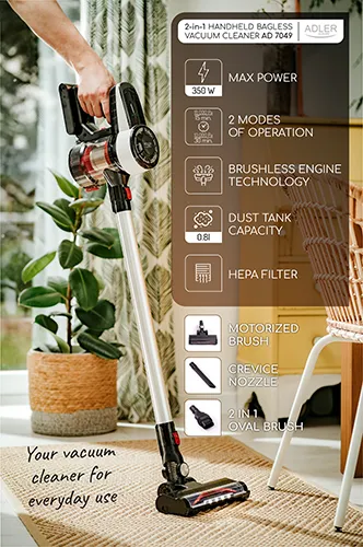 Adler AD 7048 0.8 L 350 W 2 Ah p&aring;sl&ouml;s - skaftdammsugare, vit, svart, r&ouml;d
