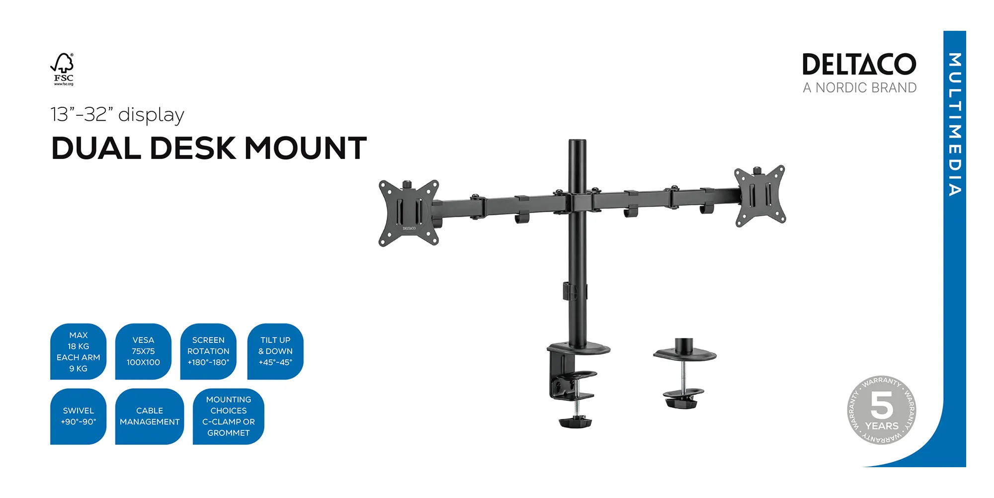 DELTACO ARM-0300-B Desk Mount, for 2 monitors, 13-32", 9kg, Black