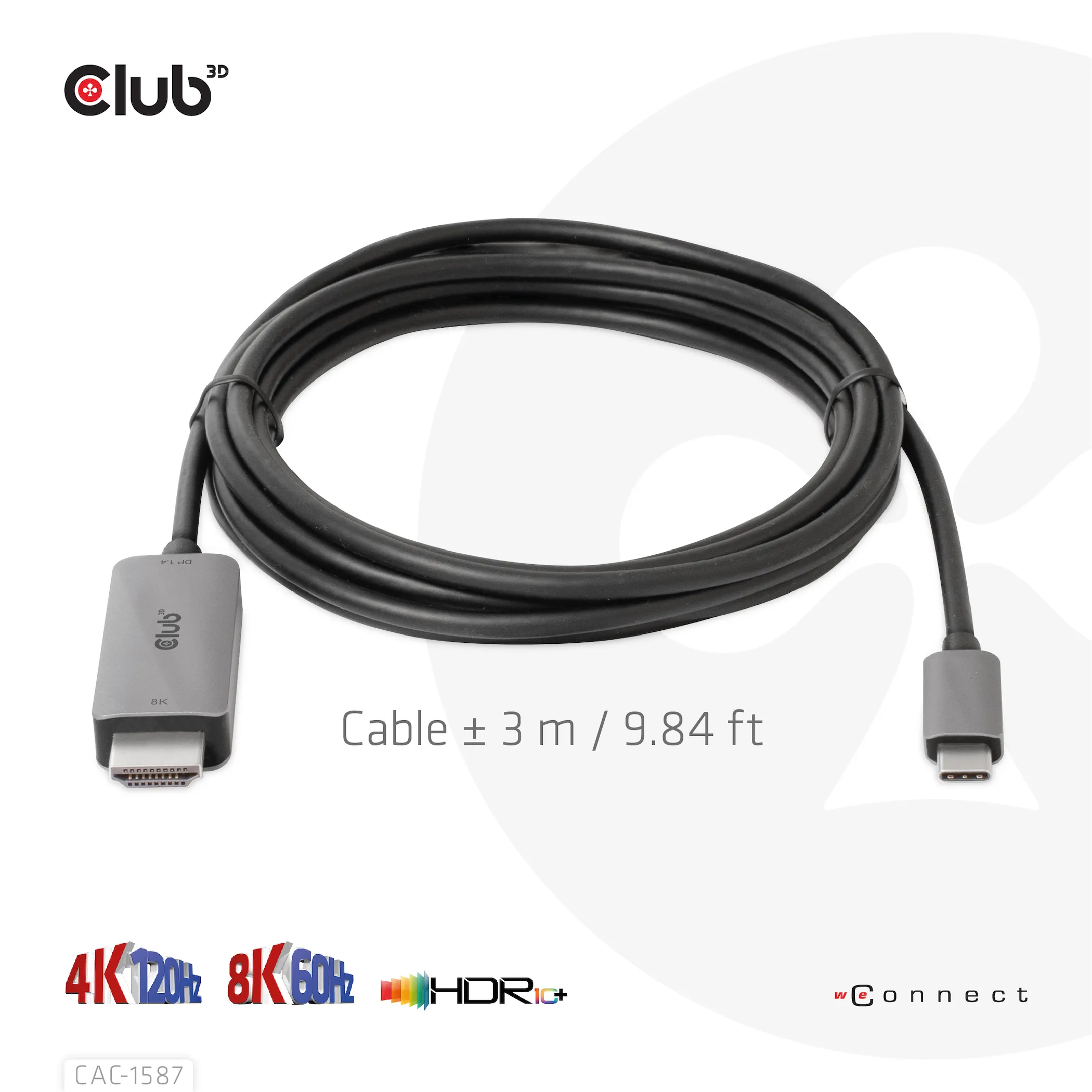 Club 3D 3.2 Gen2 USB-C - 2.1 HDMI 4K120Hz 8K60Hz HDR10+, DSC1.2 active - cable, Black, 3m