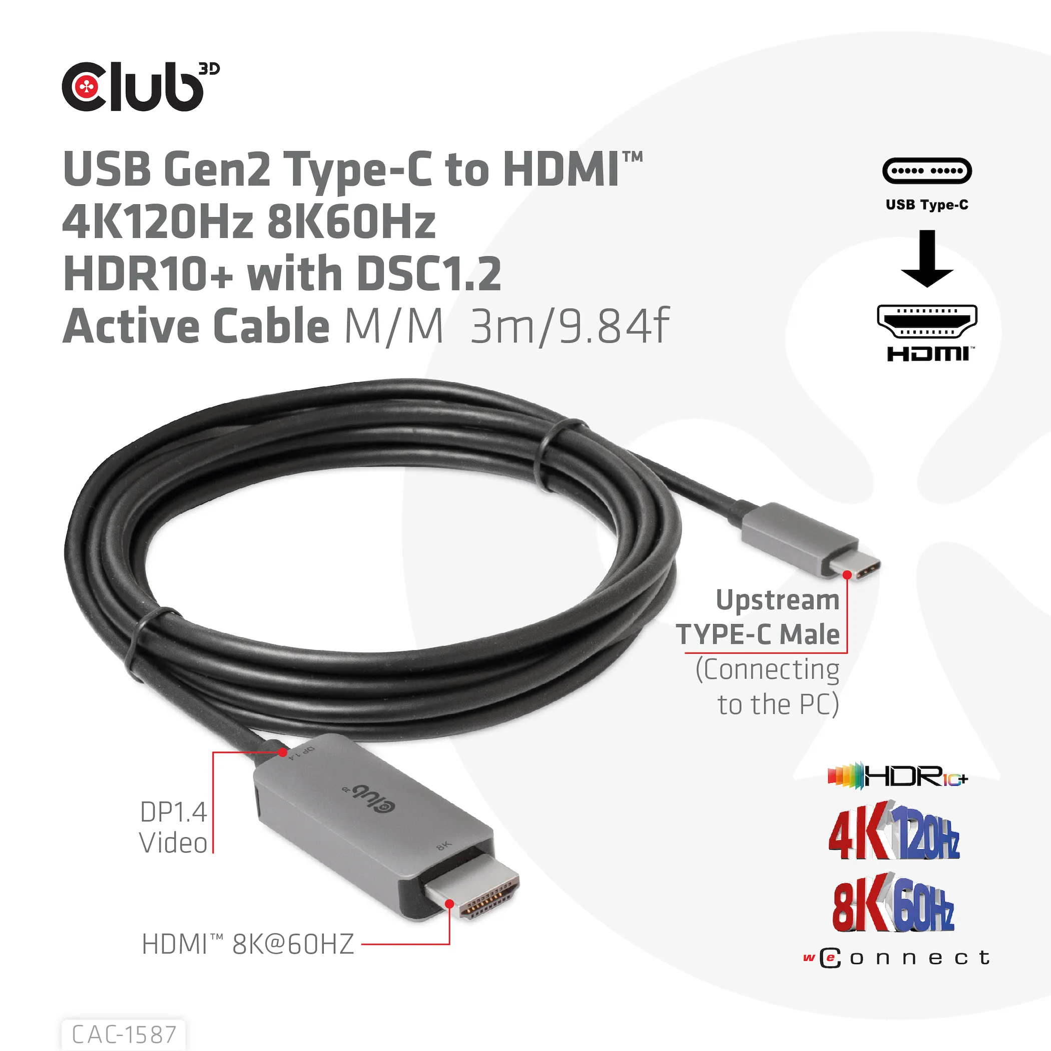 Club 3D 3.2 Gen2 USB-C - 2.1 HDMI 4K120Hz 8K60Hz HDR10+, DSC1.2 active - cable, Black, 3m