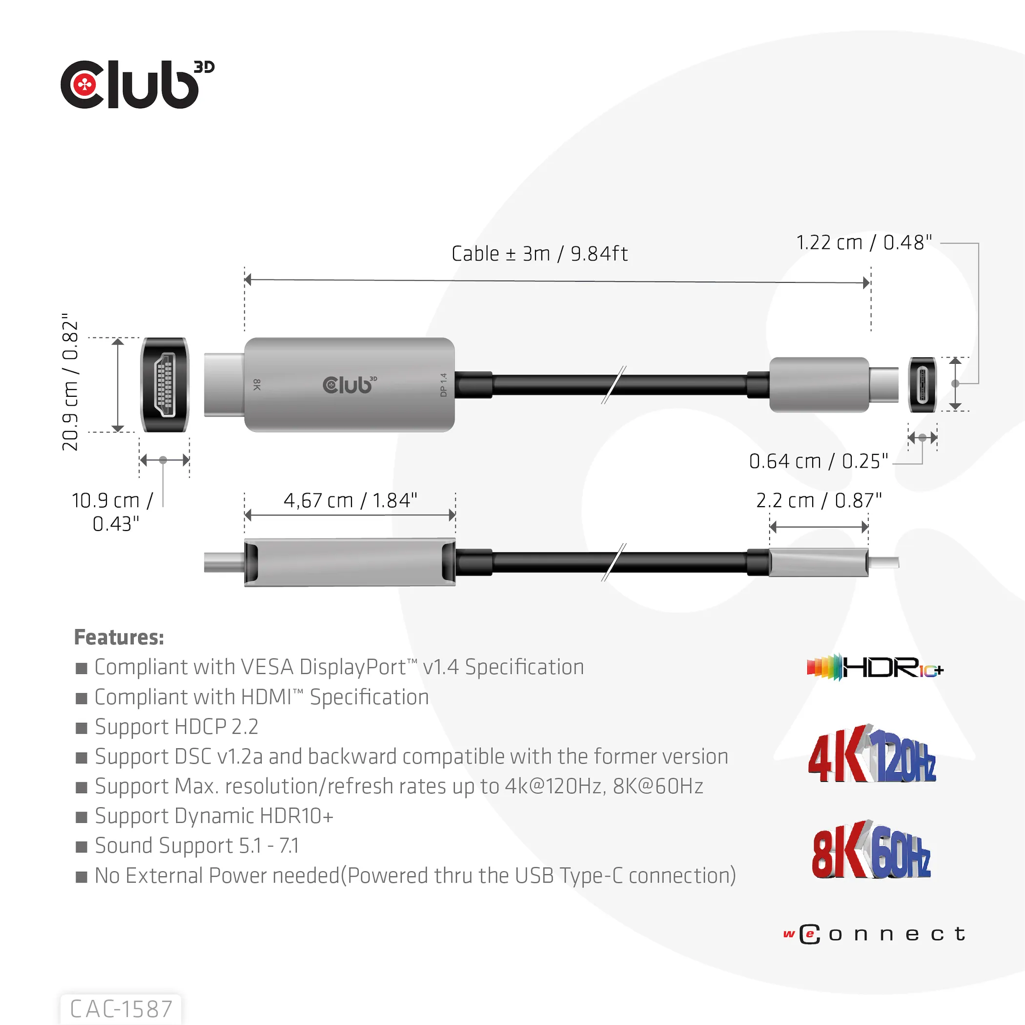 Club 3D 3.2 Gen2 USB-C - 2.1 HDMI 4K120Hz 8K60Hz HDR10+, DSC1.2 active - cable, Black, 3m