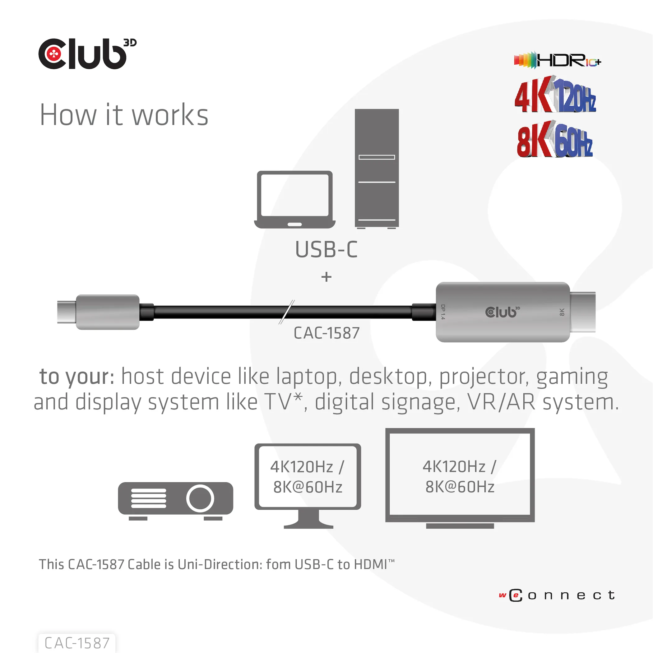 Club 3D 3.2 Gen2 USB-C - 2.1 HDMI 4K120Hz 8K60Hz HDR10+, DSC1.2 active - cable, Black, 3m