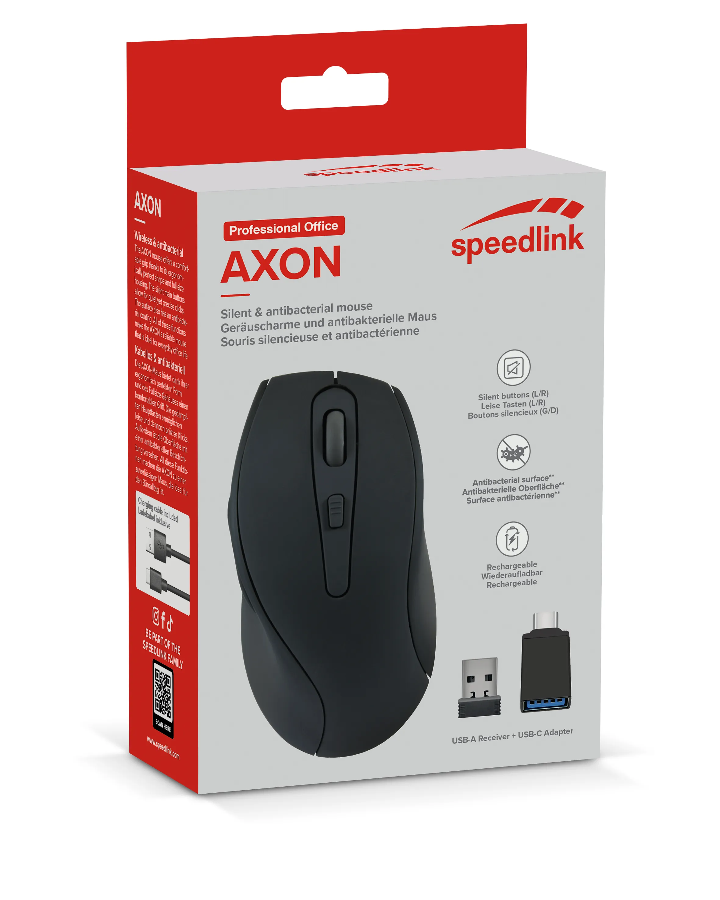 SPEEDLINK AXON Silent &amp; Antibacterial Rechargeable Mouse - Wireless, USB-A/-C, rubber
