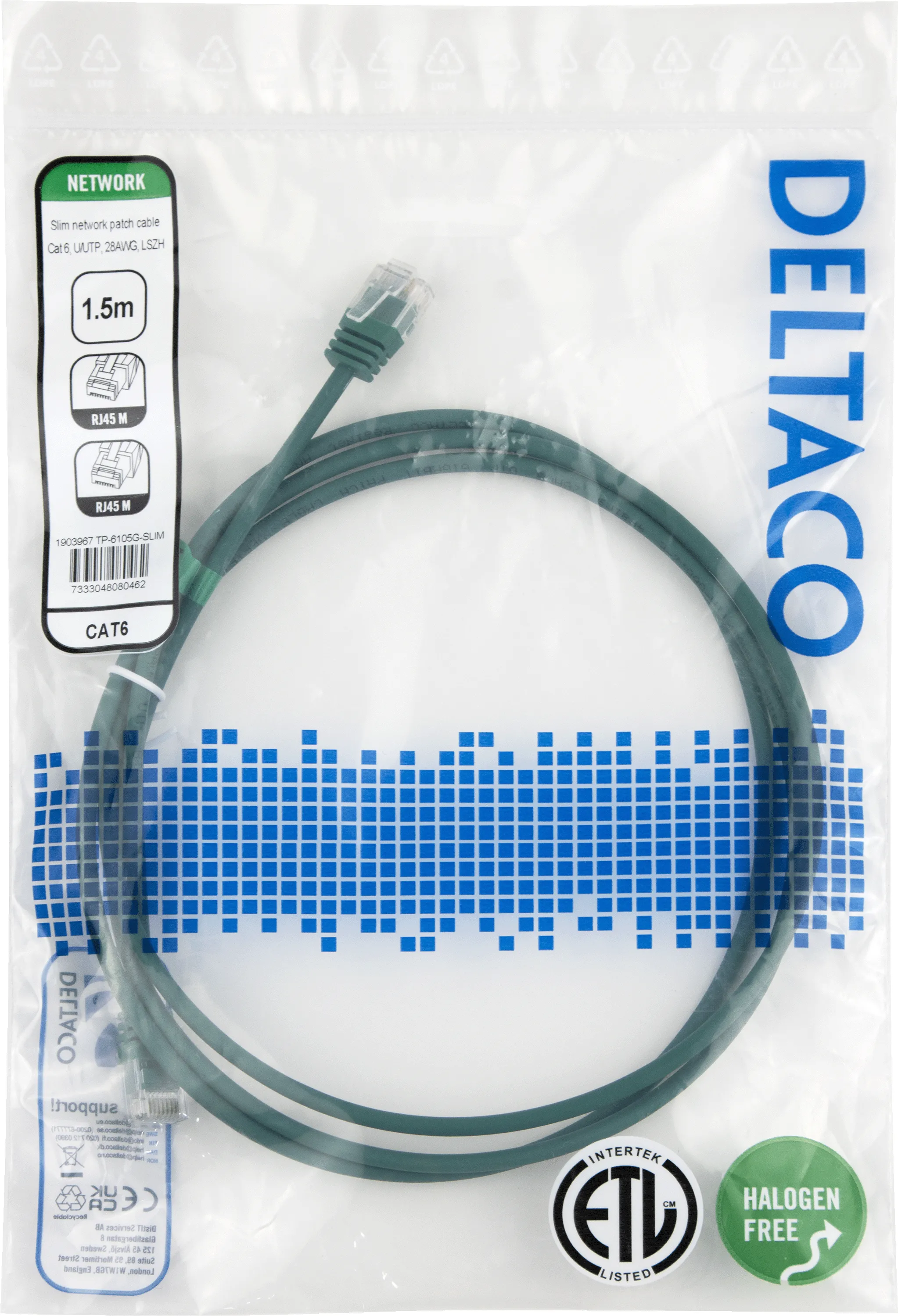 Deltaco Cat6 UTP RJ45 1.5m -verkkokaapeli, vihre&auml;