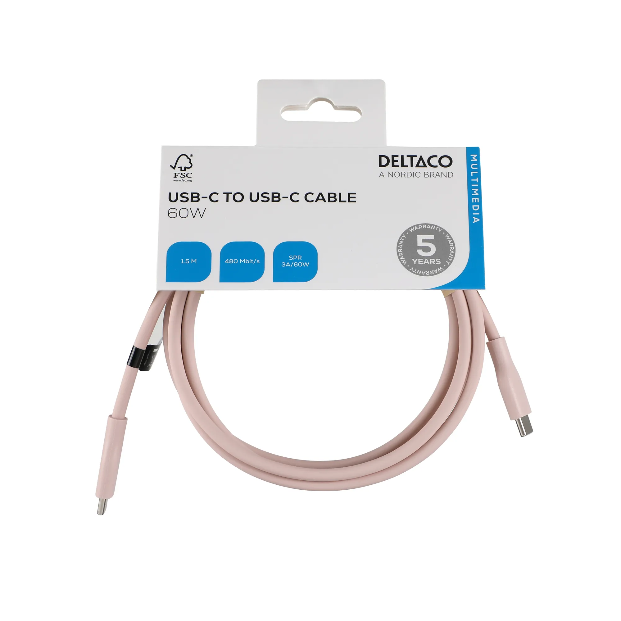 Deltaco USB-C - USB-C 2.0 SPR Silikoni -kaapeli, Pinkki, 1.5m