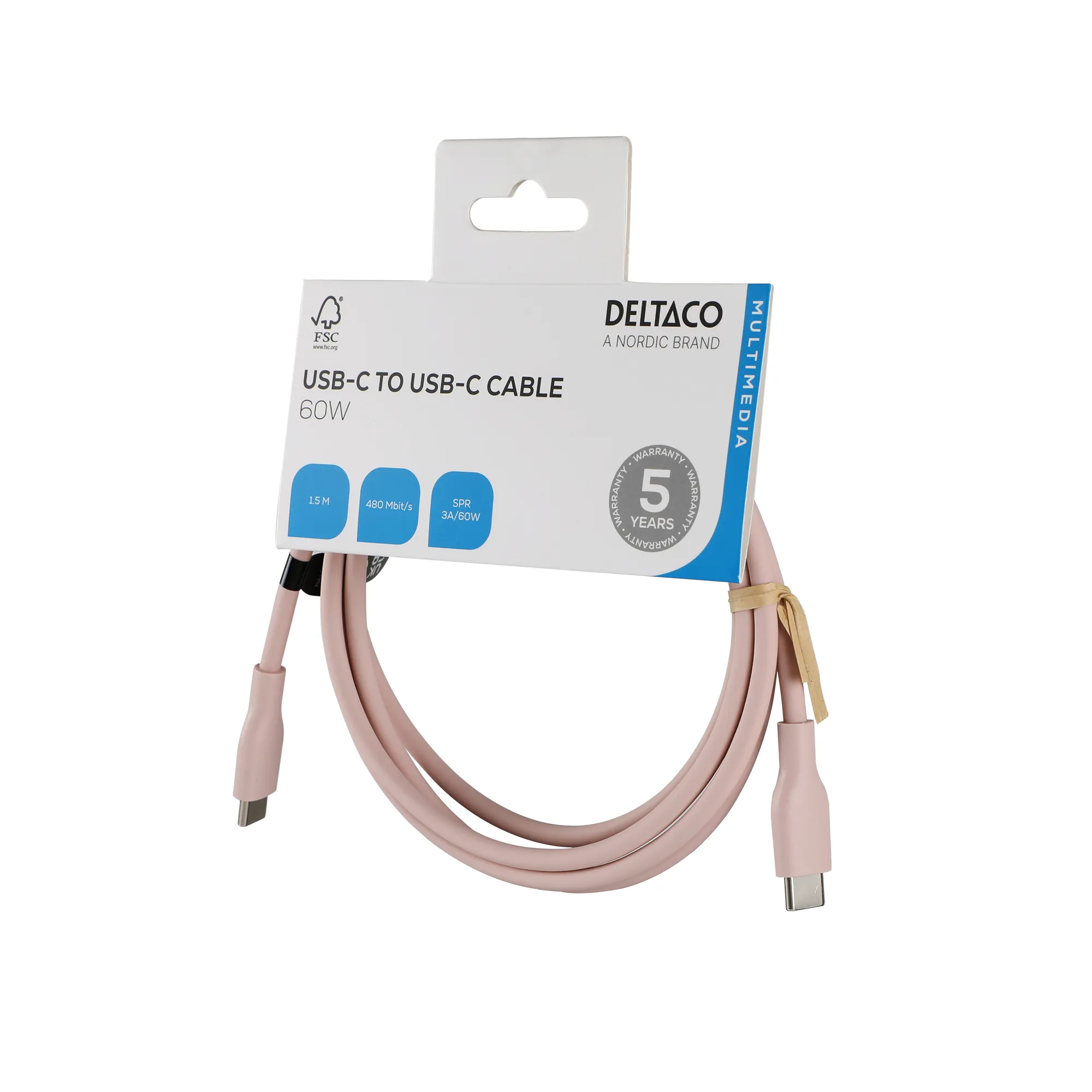 Deltaco USB-C - USB-C 2.0 SPR Silikoni -kaapeli, Pinkki, 1.5m