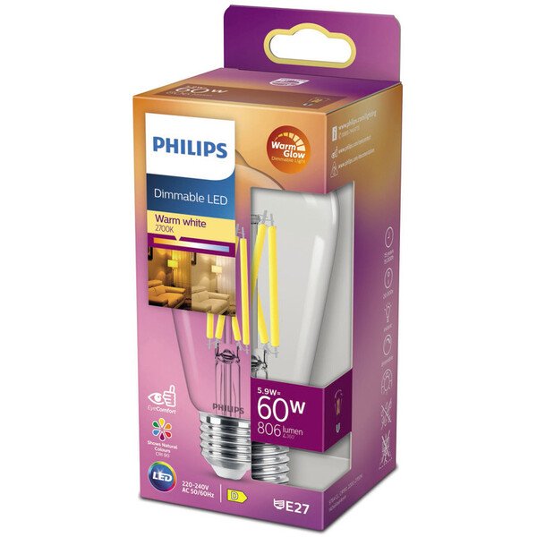 Philips WarmGlow LED-lamppu E27 A60 Himme&auml; Himmennett&auml;v&auml; 5,9 W (60 W) 806 lm CRI 90 IP65