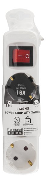 Deltaco GT-116B 3 outlets Power Strip, 1.5m, White