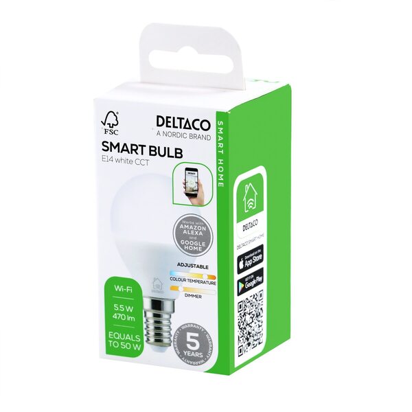Deltaco Smart Home SH-CHLE14P45&nbsp;- smart ljusk&auml;lla, E14, 5,5 W