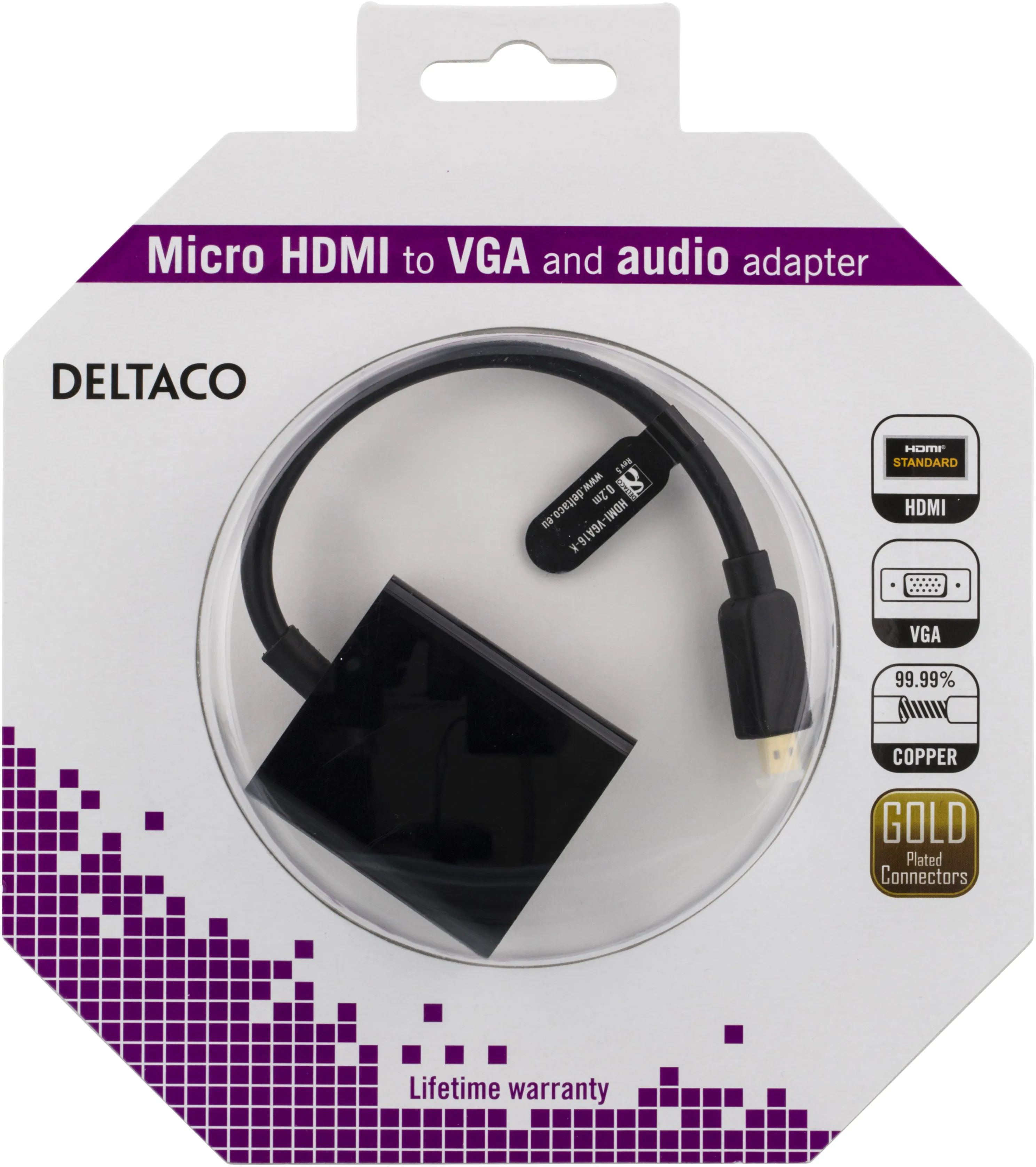 DELTACO micro HDMI - VGA-sovitin,19-pin ur -15-pin+3,5mm, 0,2m, musta