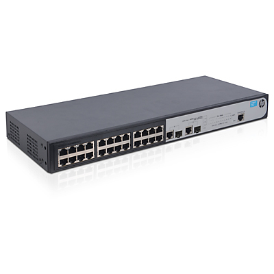 HPE 1910-24 Switch. 24x RJ45 autosensing 10/100TX porttia + 2x SFP/1000T dual-personality porttia . Sis 19" r&auml;kkiasennussarjan. Web-selain hallinta. Layer 3 sta