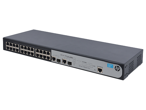 HPE 1910-24 Switch. 24x RJ45 autosensing 10/100TX porttia + 2x SFP/1000T dual-personality porttia . Sis 19" r&auml;kkiasennussarjan. Web-selain hallinta. Layer 3 sta