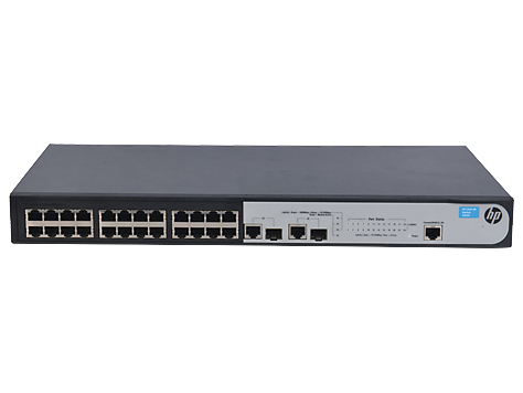 HPE 1910-24 Switch. 24x RJ45 autosensing 10/100TX porttia + 2x SFP/1000T dual-personality porttia . Sis 19" r&auml;kkiasennussarjan. Web-selain hallinta. Layer 3 sta