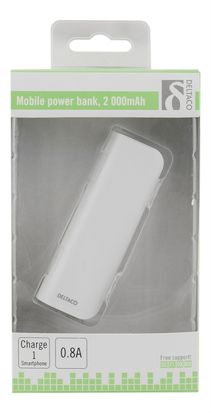 DELTACO Power bank, 2000mAh, 1xUSB Typ A ho, 5V 0,8A, vit