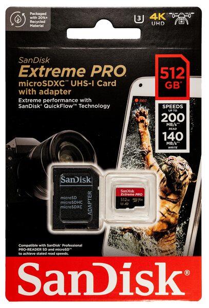 SanDisk Extreme PRO 512 GB MicroSDXC UHS-I U3 V30 A2 kort + SD-adapter