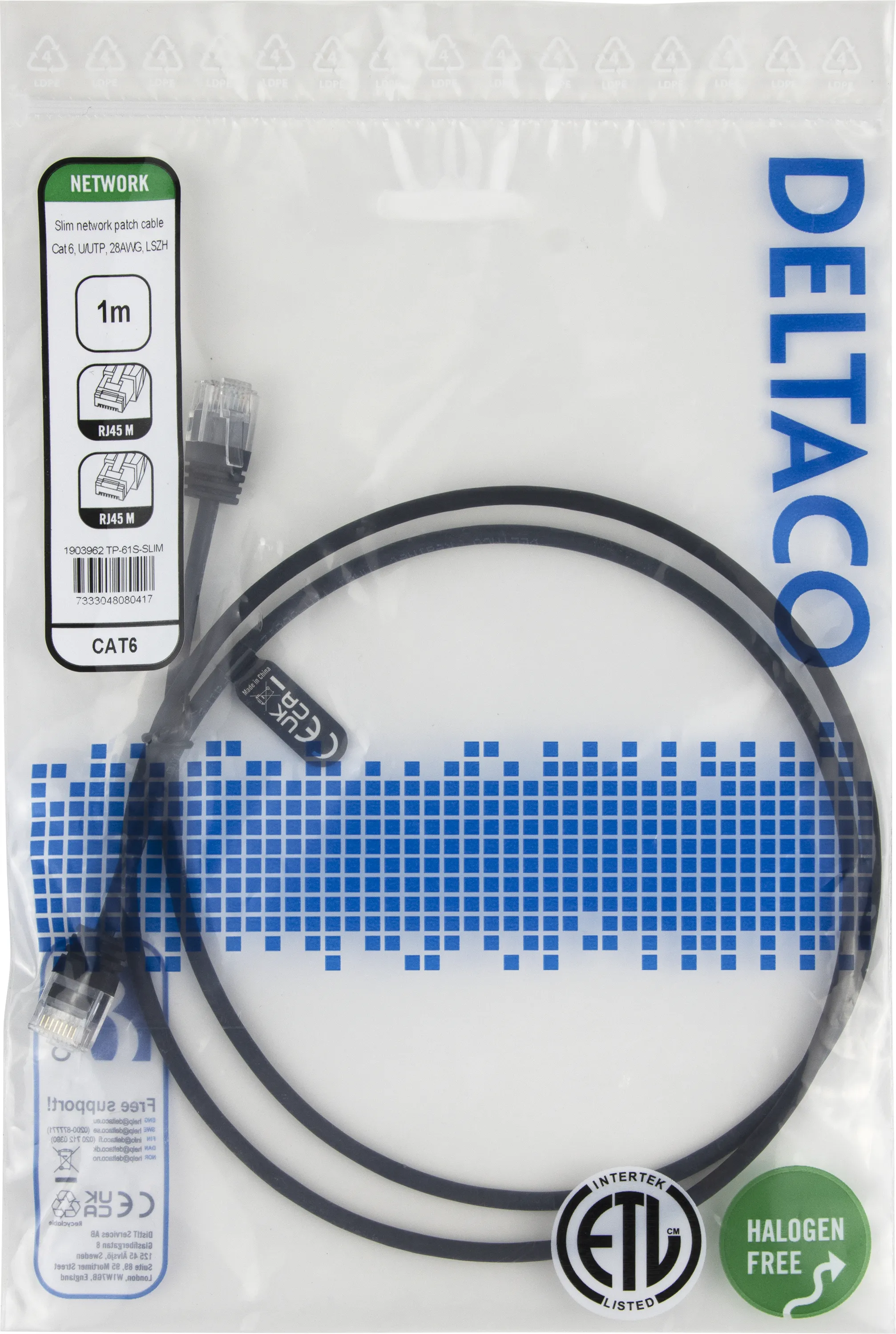 Deltaco Cat6 UTP RJ45 1m -verkkokaapeli, musta