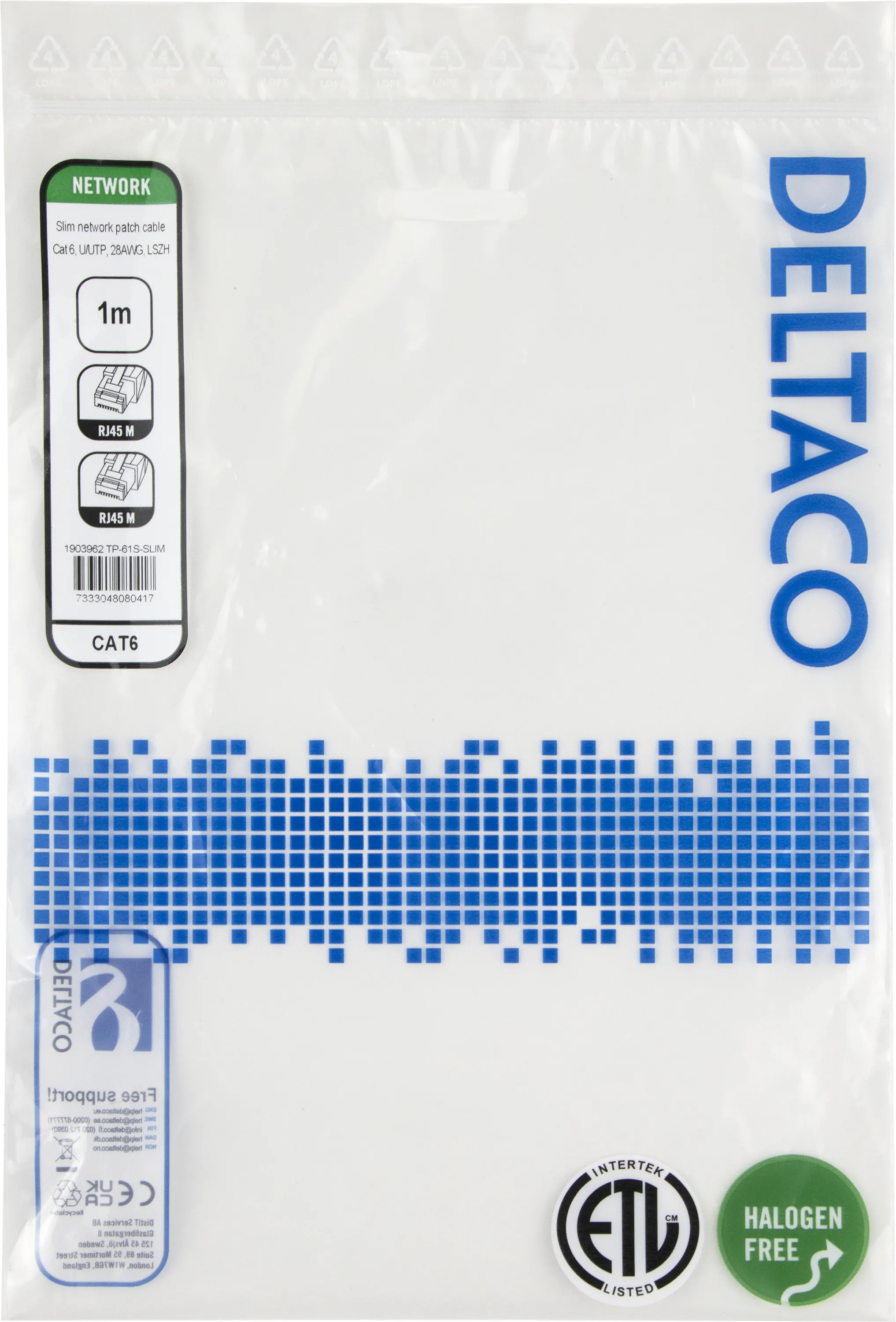 Deltaco Cat6 UTP RJ45 1m -verkkokaapeli, musta