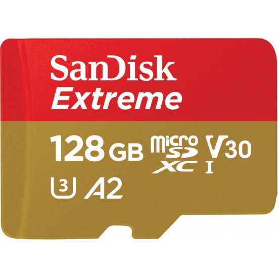 SanDisk Extreme 128 GB MicroSDXC UHS-I U3 V30 A2 kort + SD-adapter, guld, r&ouml;d