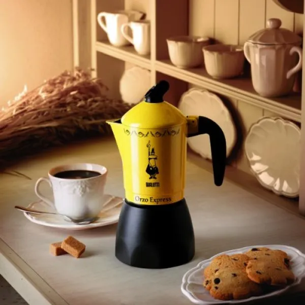 Bialetti Orzo Express -mutteripannu, 4 kuppia, alumiini, musta ja keltainen
