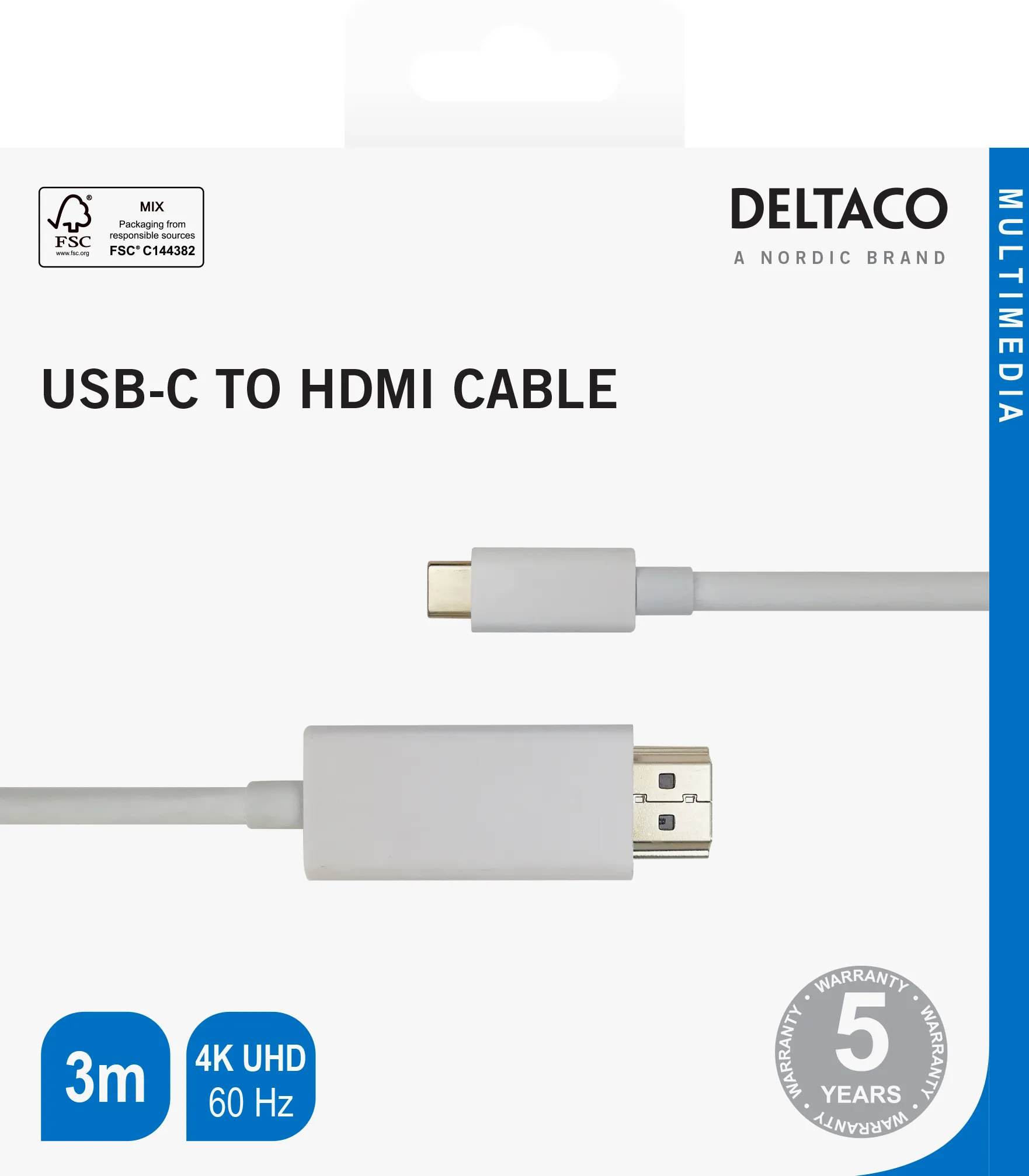 Deltaco USB-C / HDMI -kaapeli, 4K UHD, kullattu, 3 m, valkoinen