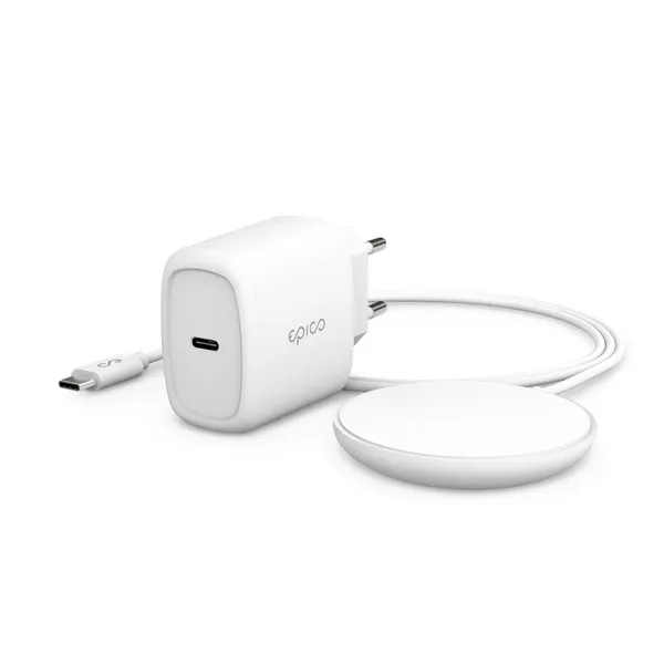 Epico Magnetic Wireless Charging Cable Bundle 7,5W/15W - With USB-C Cable  &  20W PD Charger - White