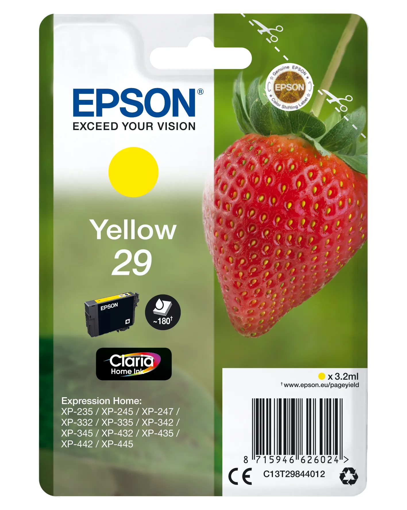Epson 29 - 3.2 ml - keltainen - alkuper&auml;inen - kuplapakkaus - mustepatruuna malleihin Expression Home XP-235, 245, 247, 332, 335, 342, 345, 432, 435, 442, 445