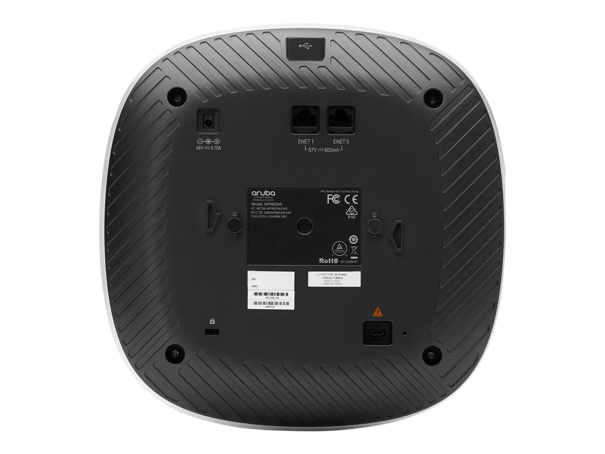 Aruba AP-345 (RW) Dual 4x4:4 802.11ac (wave 2) MU-MIMO 2.4 GHz/5 GHz Radio Integrated Antennas Smart Rate Unified Campus AP. Aggregated peak data rate of 3.0 Gb