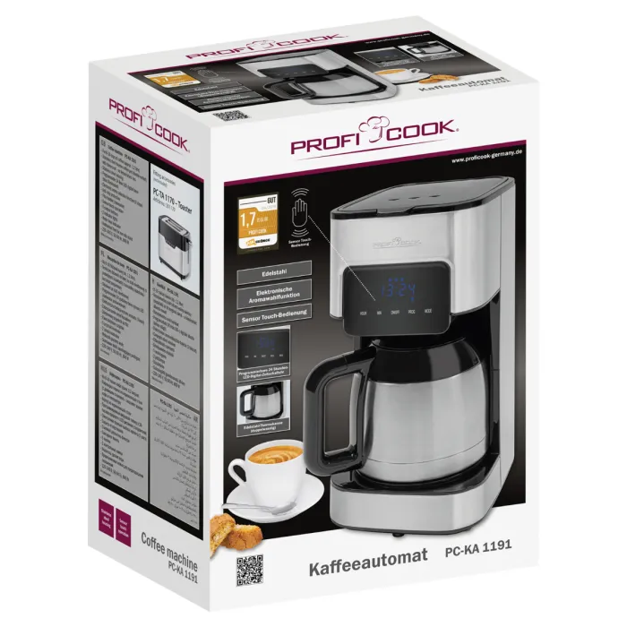 ProfiCook PC-KA 1191 10 koppar kaffebryggare med termoskanna, silver, svart
