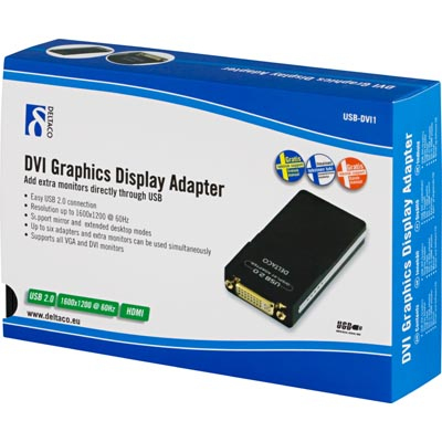 DELTACO, USB 2.0 - DVI/HDMI/VGA-adapteri, toimii lis&auml;n&auml;yt&ouml;nohjaimena