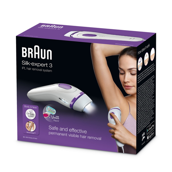 BRAUN IPL BD3003 Silk-Expert IPL-ihokarvojen poistolaite + Venus h&ouml;yl&auml;. Ainut IPL-laite jossa &auml;lyk&auml;s SensoAdapt-ihons&auml;vytunnistin. IPL-teknologia, jonka avulla
