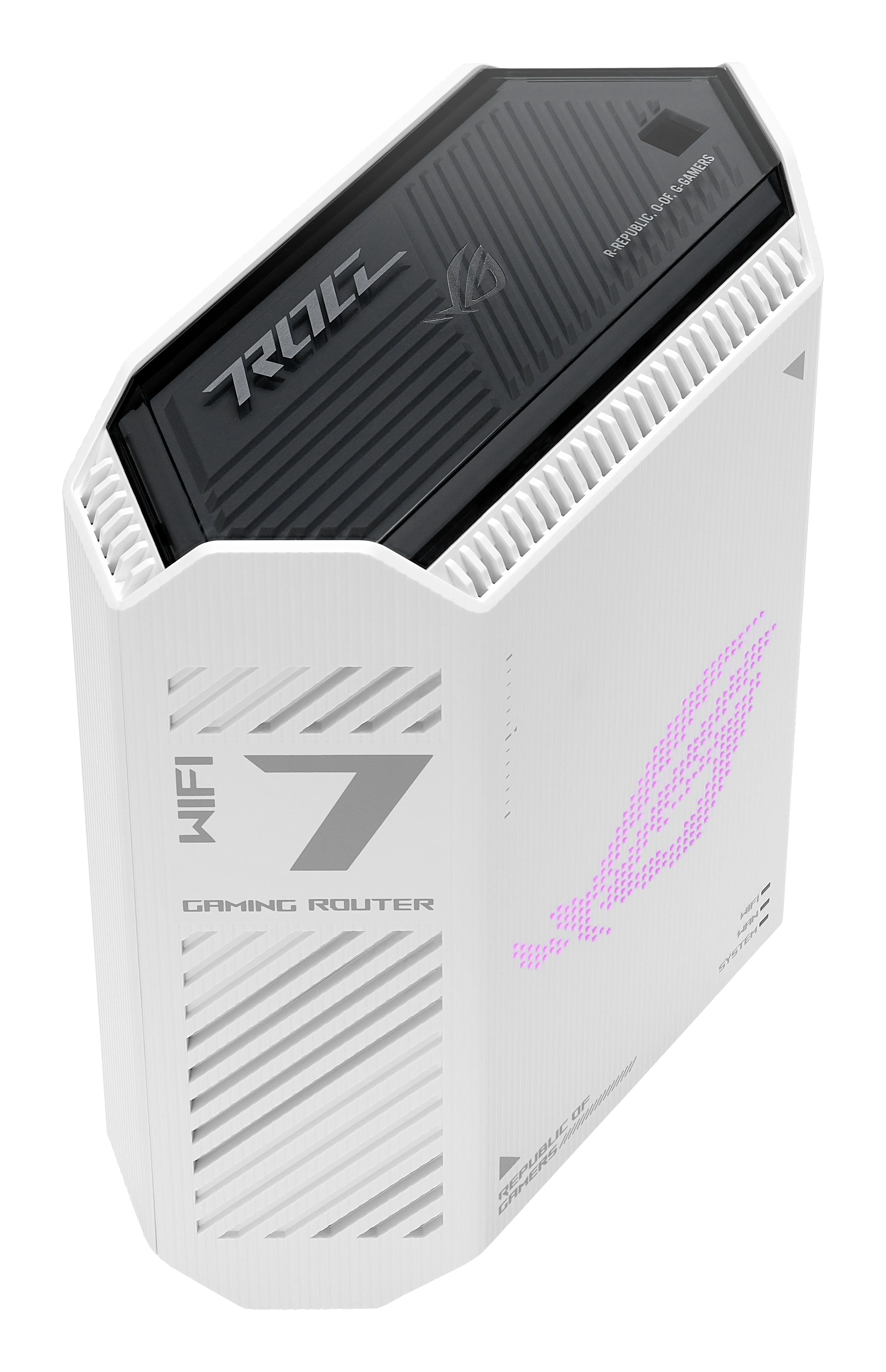 Asus ROG Strix GS-BE7200 -pelireititin, Wi-Fi 7, BE7200, Dual-band, 2,5G WAN -portilla, valkoinen, musta