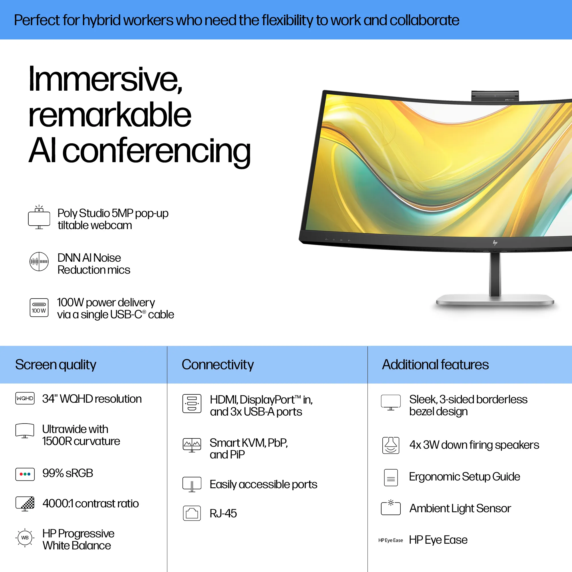 HP Series 5 Pro 34" WQHD, VA curved sk&auml;rm med USB-C hub