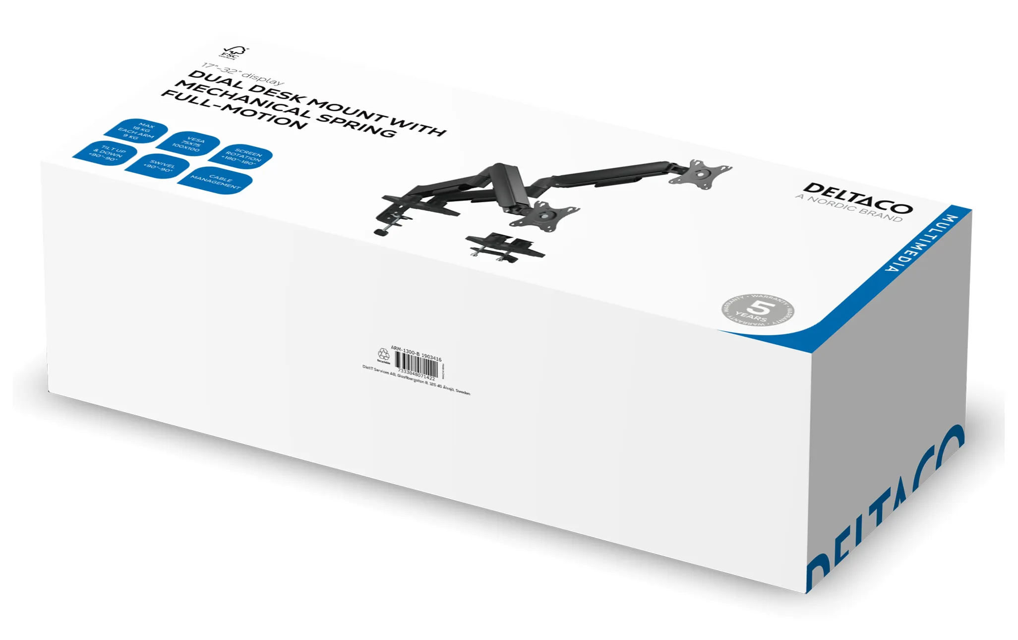 Deltaco mekaaninen -näyttövarsi, Musta, 17-32", 2x9kg Deltaco mekaaninen -näyttövarsi, Musta, 17-32", 2x9kg