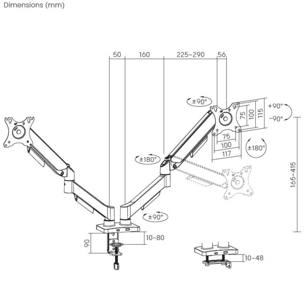 DELTACO ARM-1300-B Desk Mount, for 2 monitors, 17-32", with mechanical spring, 9kg, VESA 75/100, Black