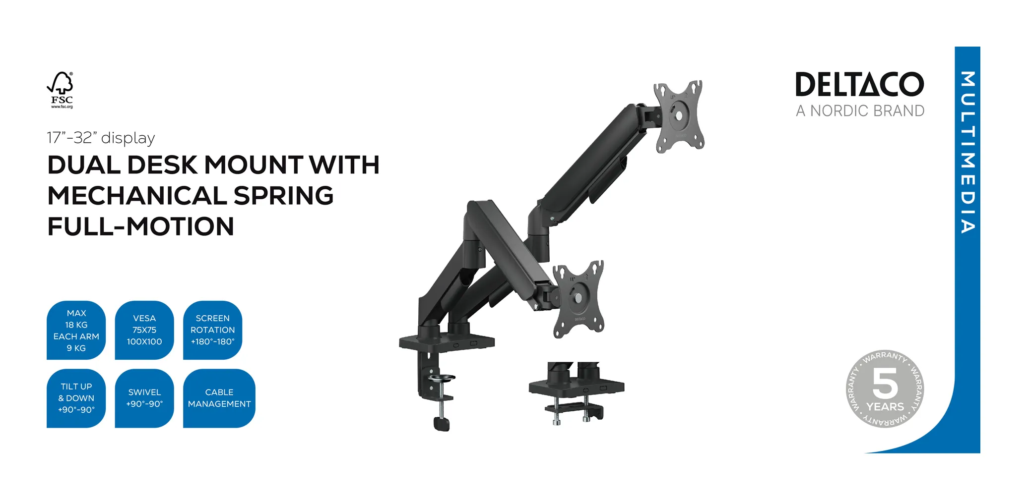 Deltaco mekaaninen -näyttövarsi, Musta, 17-32", 2x9kg Deltaco mekaaninen -näyttövarsi, Musta, 17-32", 2x9kg